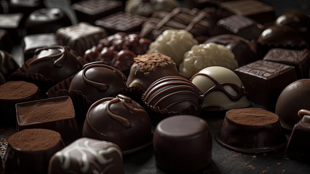 A bunch of chocolates are on a table with other chocolates.