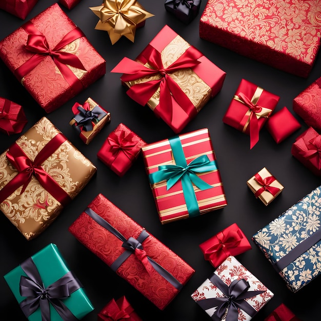 a bunch of christmas presents are lined up on a black background