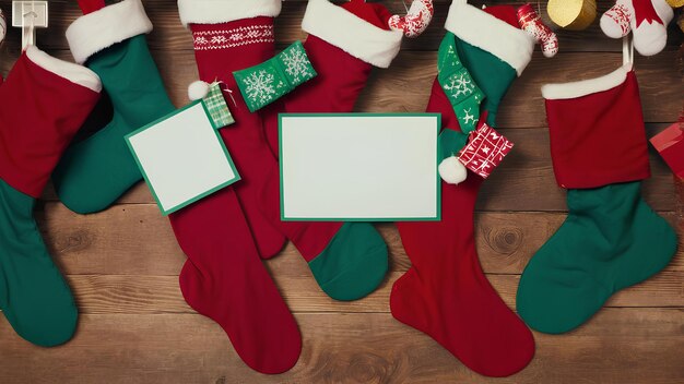 a bunch of christmas stockings with a white board on the bottom