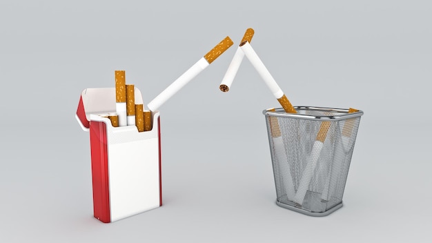 Bunch of cigarettes in the trash bin Quit smoking concept 3d rendering