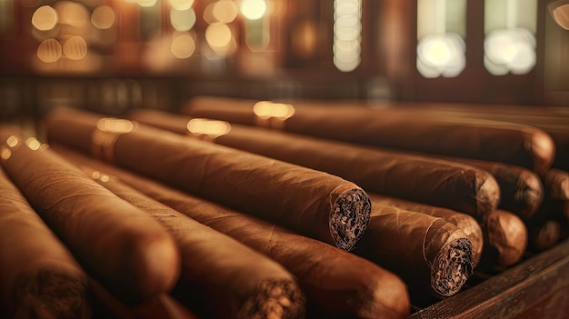 Photo a bunch of cigars are displayed in a wooden box