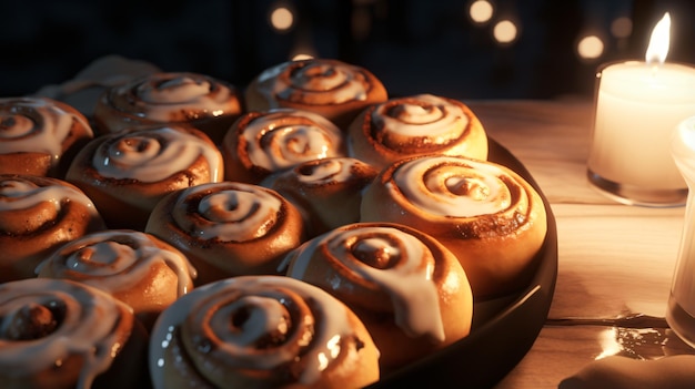 A bunch of cinnamon rolls with icing on a table