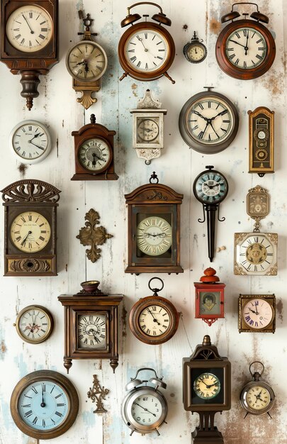 Photo a bunch of clocks hanging on a wall