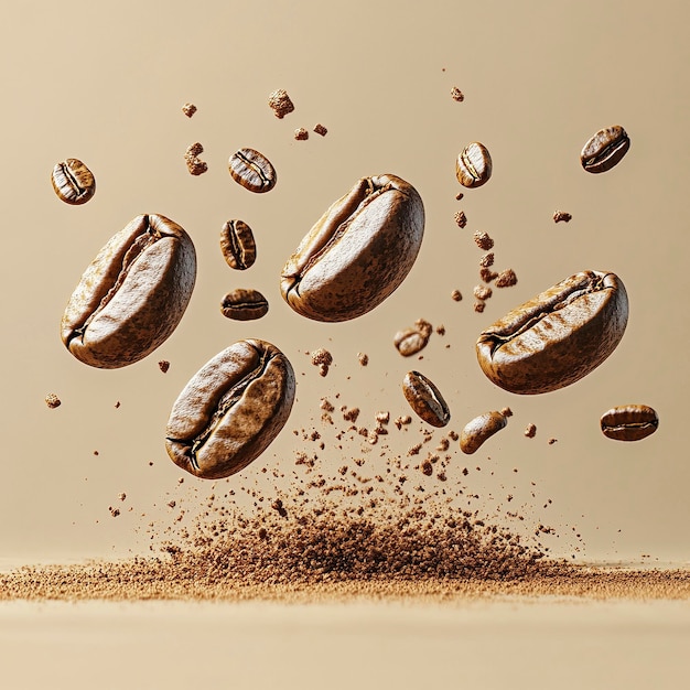 a bunch of coffee beans are falling in the air