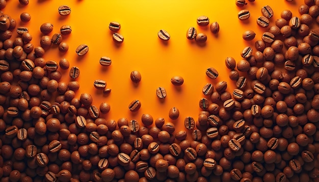 a bunch of coffee beans are on a yellow background