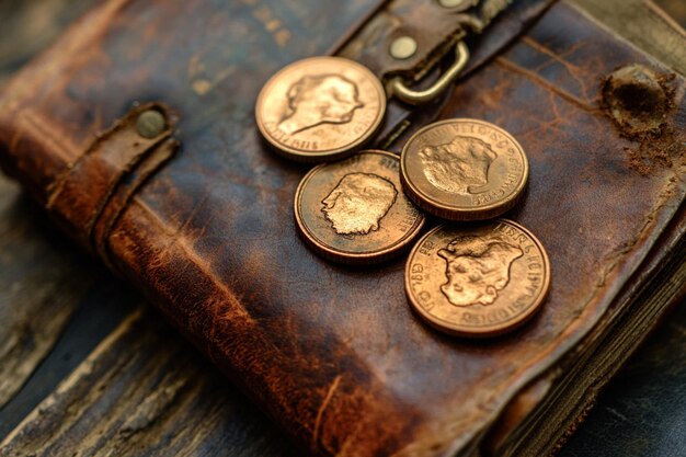 Photo a bunch of coins on a book with one of them has a face on it