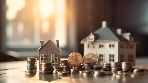 A bunch of coins on top of a toy and house model