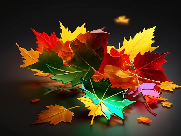 a bunch of colorful autumn leaves are laying on a table