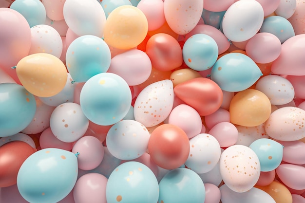 A bunch of colorful balloons are piled up.