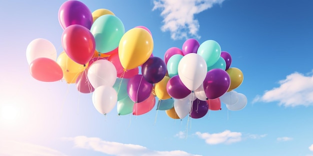 A bunch of colorful balloons are in the sky.