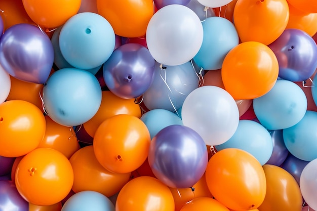 A bunch of colorful balloons are stacked up.