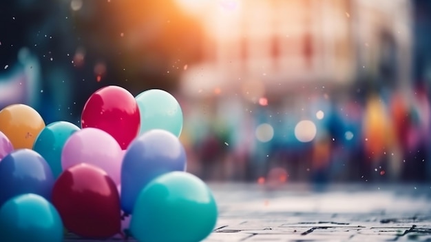 A bunch of colorful balloons are on a street.