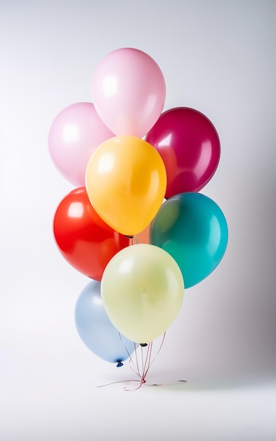 A bunch of colorful balloons are in a vase on a white background.