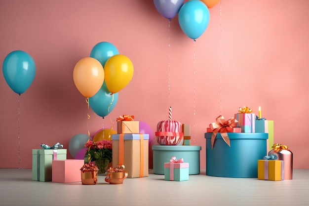 A bunch of colorful balloons and balloons are hanging from a pink wall