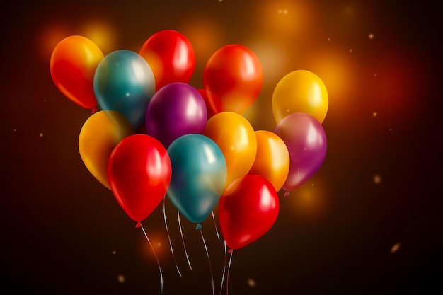 Bunch of colorful balloons floating in the air on dark brown background Generative AI