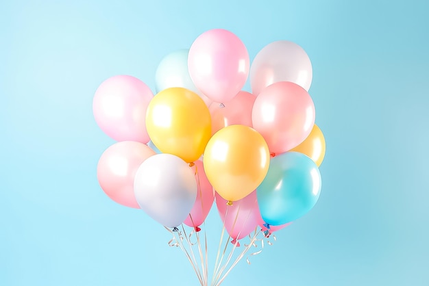 Bunch of colorful balloons on light blue background copy space for text Ai generated