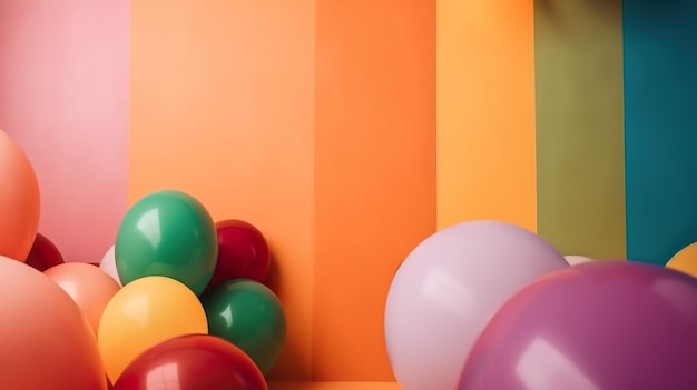 A bunch of colorful balloons in a room with a wall behind them