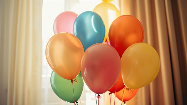 a bunch of colorful balloons with one of them has a yellow ribbon