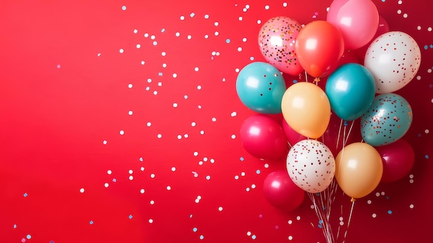 a bunch of colorful balloons with a red background with a red background