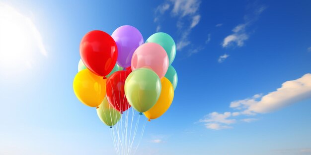 A bunch of colorful balloons with the sky in the background