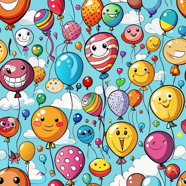 a bunch of colorful balloons with smiley faces and a blue sky with clouds in the background