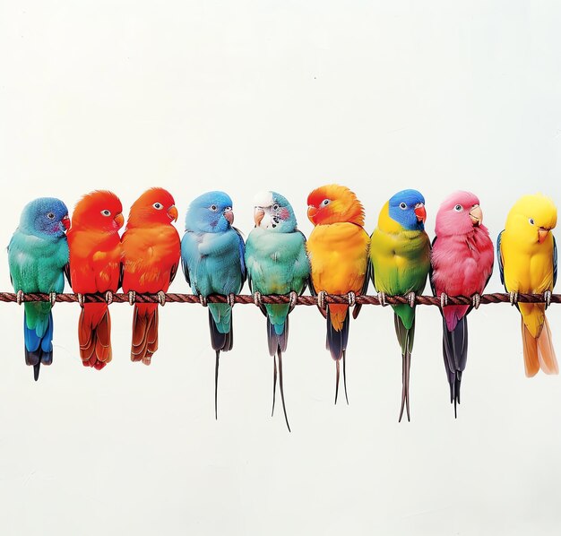 Photo a bunch of colorful birds are on a wire