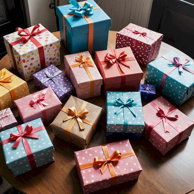 a bunch of colorful boxes with a blue ribbon on them