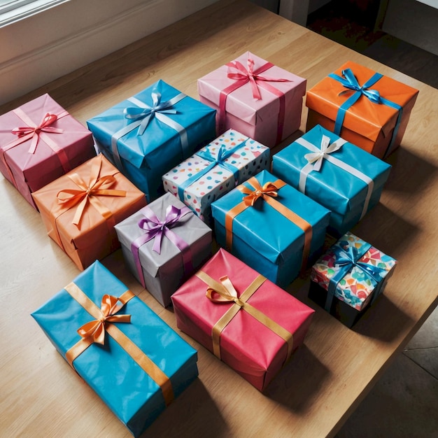 Photo a bunch of colorful boxes with the word quot gift quot on them