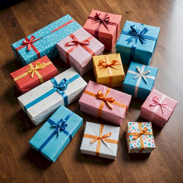 Photo a bunch of colorful boxes with the words quot gift quot on them