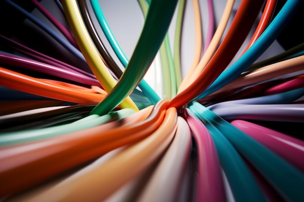 A bunch of colorful cables moving in from behind the camera and joining in at the center