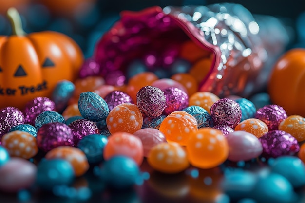 a bunch of colorful candy are on a table with a purple bag