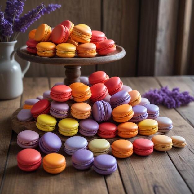 Photo a bunch of colorful candy are on a table with a vase with purple flowers