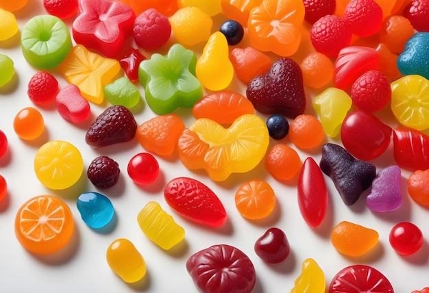 a bunch of colorful candy are on a white surface