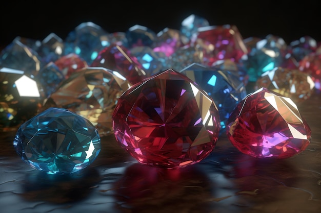 A bunch of colorful diamonds are on a table.