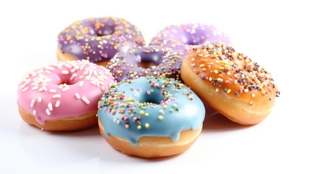 A bunch of colorful donuts with different toppings on them