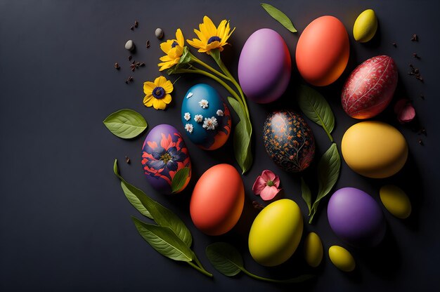 A bunch of colorful easter eggs on a black background