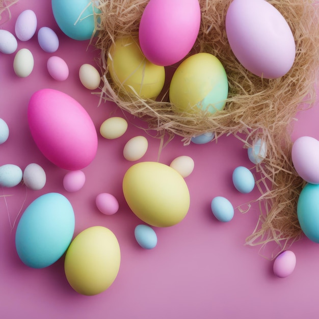 A bunch of colorful easter eggs on a pink background