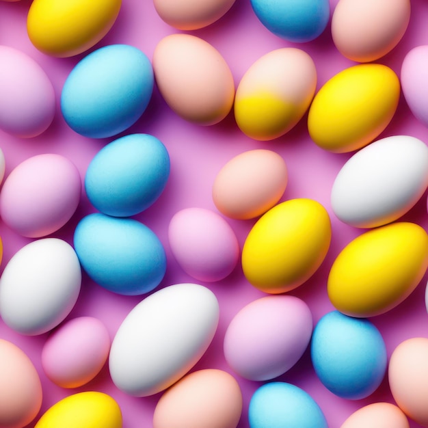 A bunch of colorful easter eggs on a pink background