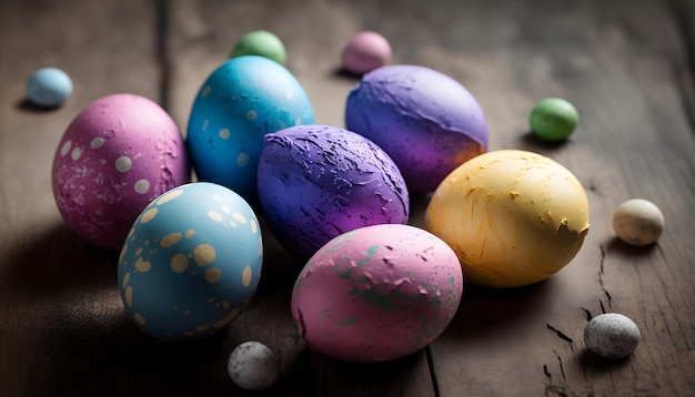 A bunch of colorful easter eggs on a wooden table