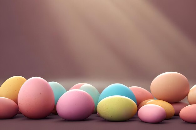 A bunch of colorful eggs on a brown background