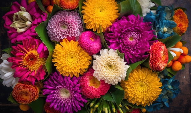 A bunch of colorful flowers are displayed in a bouquet.