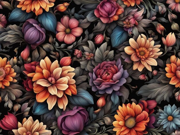 a bunch of colorful flowers on a black background dark flower pattern wallpaper intricate flower d