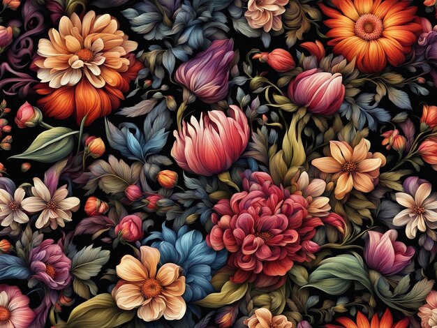 a bunch of colorful flowers on a black background dark flower pattern wallpaper intricate flower d