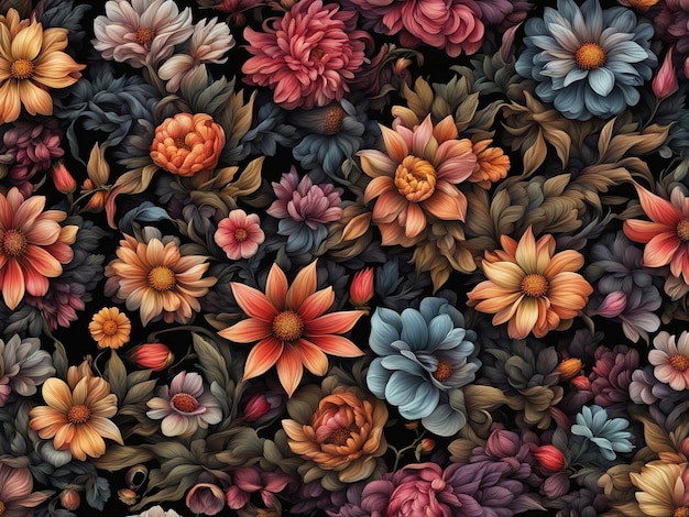 a bunch of colorful flowers on a black background dark flower pattern wallpaper intricate flower d