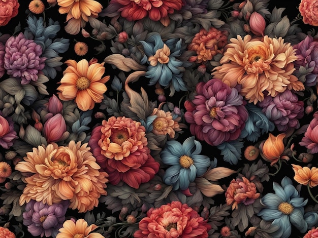 a bunch of colorful flowers on a black background dark flower pattern wallpaper intricate flower d