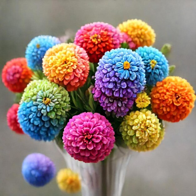 a bunch of colorful flowers in a white vase with a purple flower in the middle