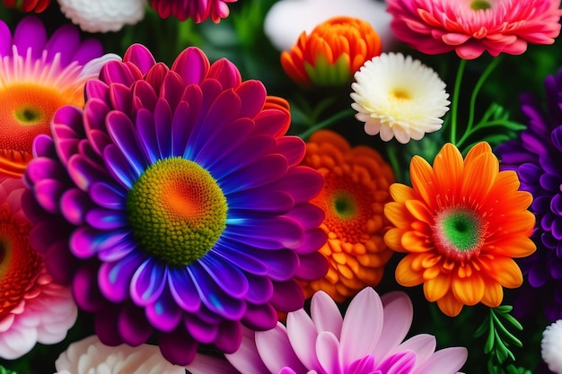 A bunch of colorful flowers with the word daisy on the bottom