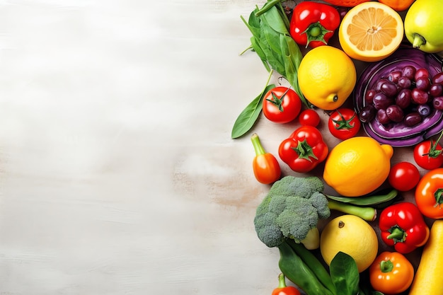 A bunch of colorful fruits and vegetables on a wooden background