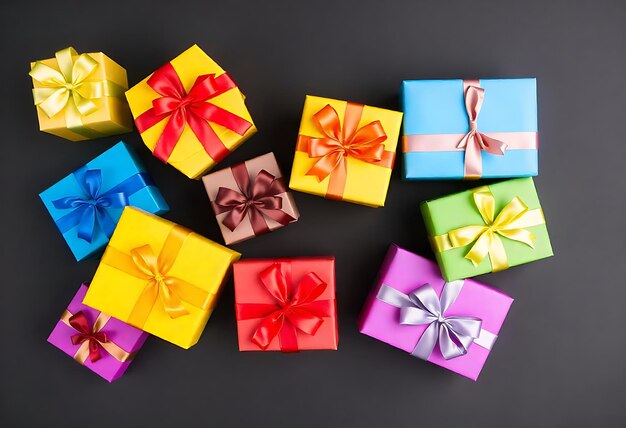 Photo a bunch of colorful gift boxes with a purple ribbon on it