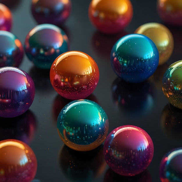 a bunch of colorful glass balls are on a table